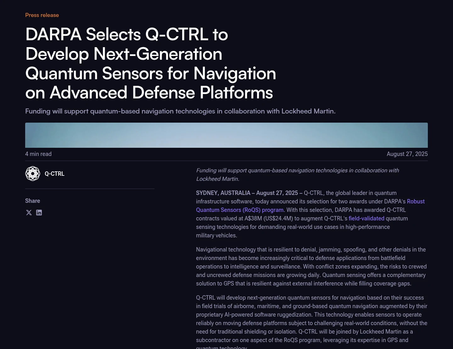 Screenshot of the Q-CTRL press release announcing A$38M (US$24.4M) in DARPA RoQS contracts