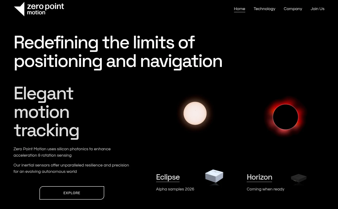 Screenshot of the Zero Point Motion homepage showing their silicon photonics inertial sensing products